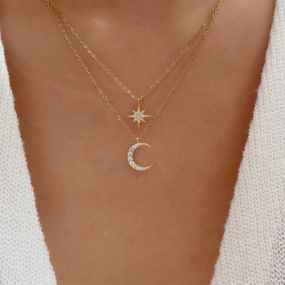 Double Layered Star and Moon Pendant Necklace - Symons