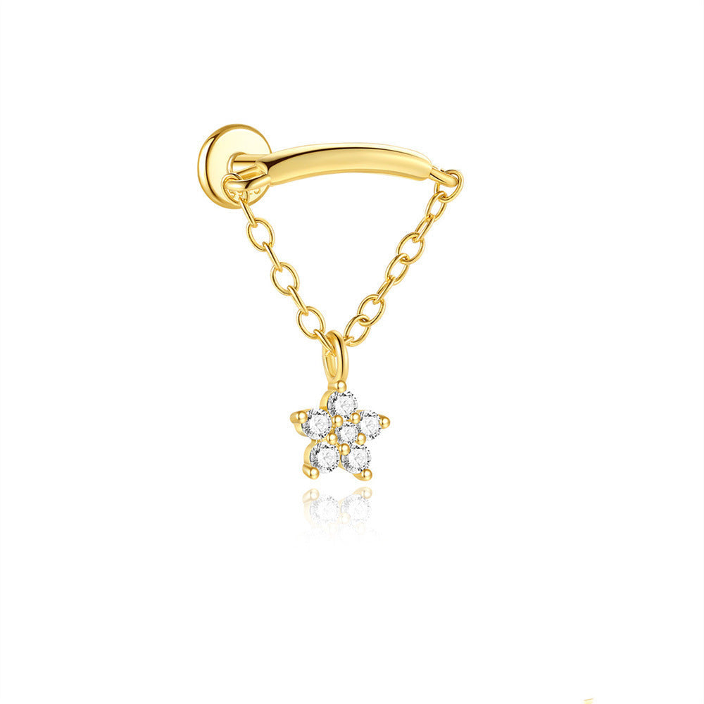 Flat Back Piercing Earring with Tassel Chain and Cubic Zirconia - Hille